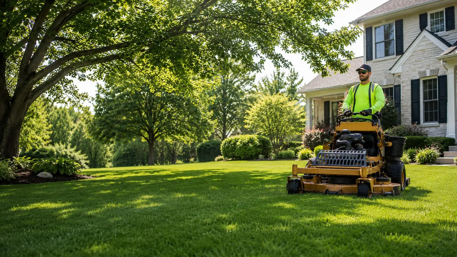 Gusjanettos Landscaping crew mowing a residential lawn in Aurora, Illinois